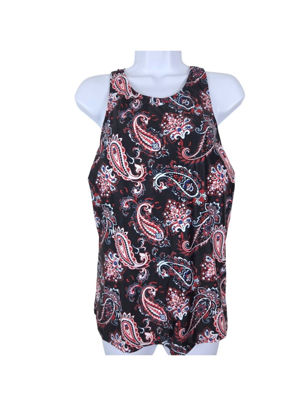 Womens XL Paisley Print Black Tankini Top Bikini Set Swimwear Beach Pool